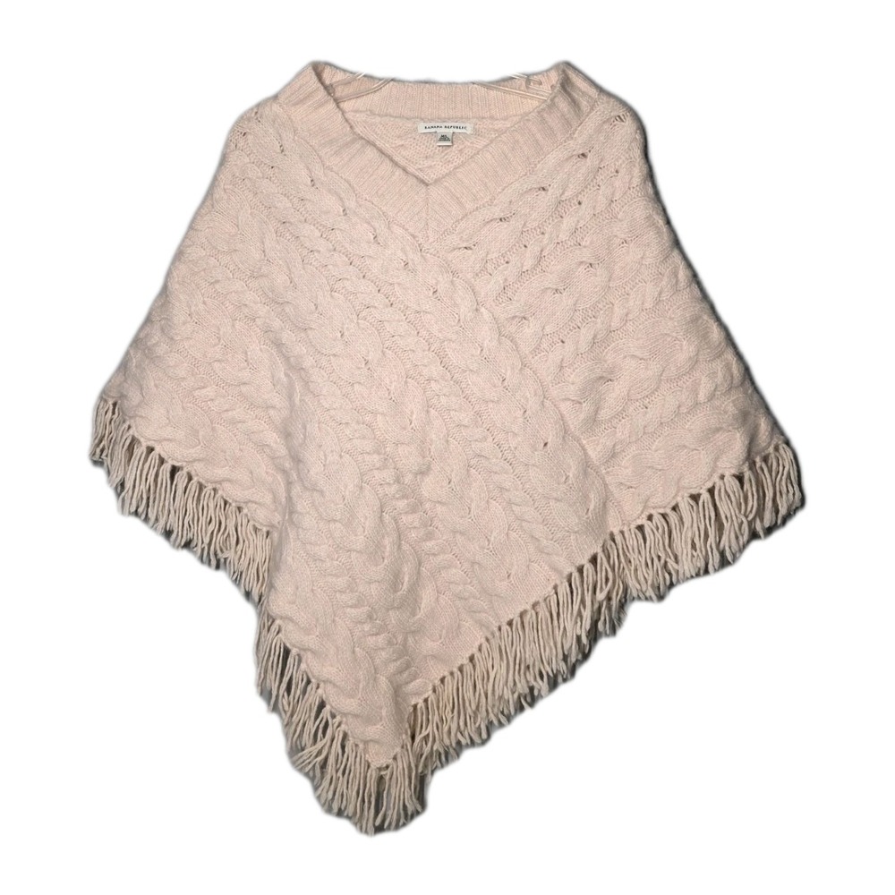 Banana‎ Republic Ladies Lambswool Angora Cream LtPink Cable Knit Poncho Size M/L
